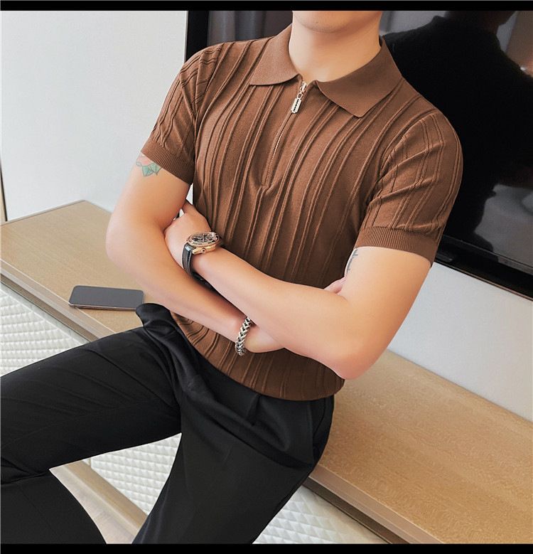 Polo da uomo con mezza cerniera, maglietta a maniche corte con risvolto in maglia, top estivi traspiranti in seta ghiacciata_voghion.com