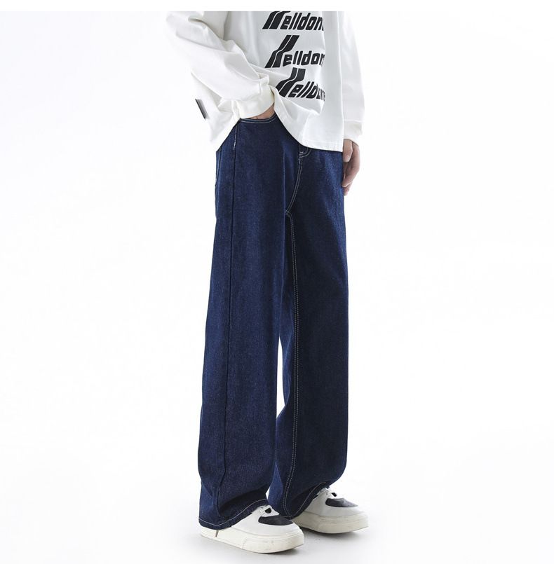 Deep Blue Washed Denim Jeans Herren im Frühjahr und Herbst 2024, neue einfarbige, vielseitige, weite, lässige Hose mit geradem Bein für_voghion.com