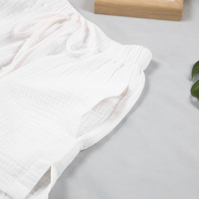 Damen-Pyjama, doppelte Gaze, langärmelig, Shorts, Baumwolle, Klimaanlage, Kleidung, modisch, weiß, Damen-Hauskleidungsset_voghion.com