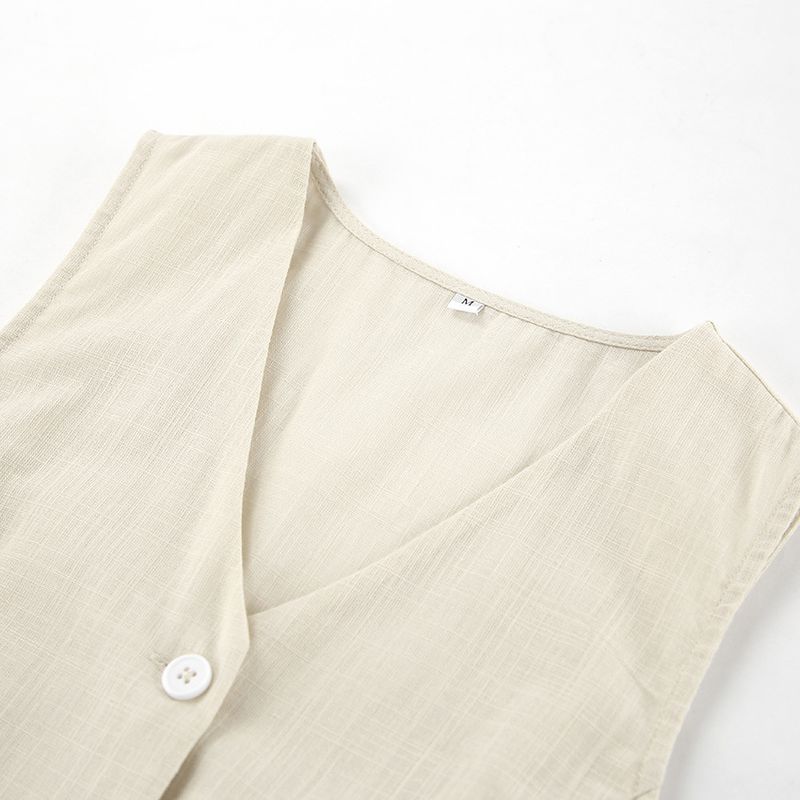 Traje informal de dos piezas de estilo europeo y americano, con cuello en V, sin mangas, de algodón y lino, color caqui francés, 2025_voghion.com