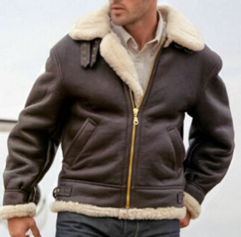 Pelliccia marrone da uomo ispessita con fibbia della cintura con cerniera in velluto dorato_voghion.com