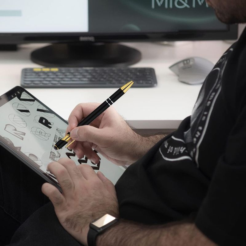 Confezione da 12 penne a sfera nere e dorate con punta stilo da 1,0 mm, inchiostro nero, penne per scrittura fluida, penne stilo in metallo per touch screen_voghion.com