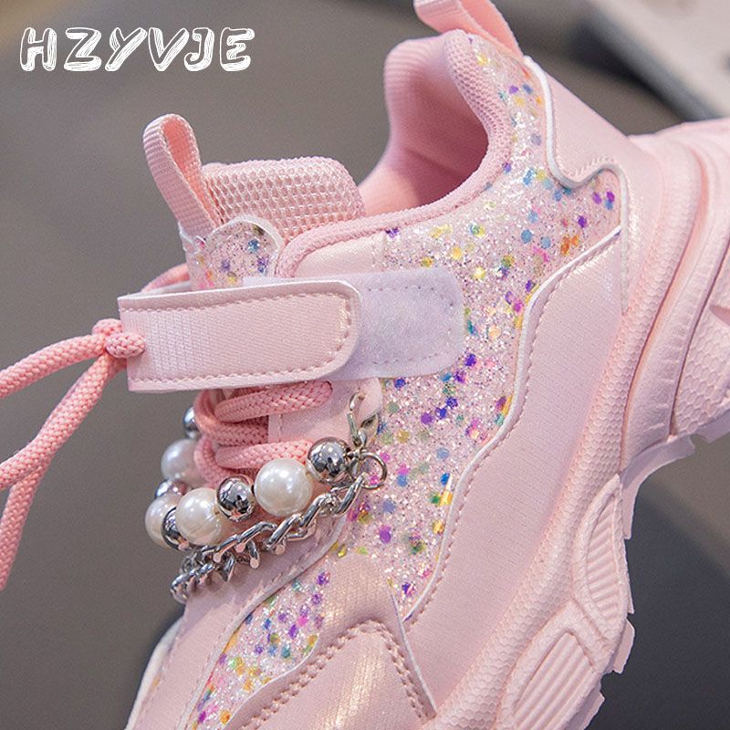 Chaussures de sport tendance pour filles avec chaîne, princesse, hiver, peluche, chaudes, semelles épaisses, pour enfants de taille moyenne et grande, décontractées, tout-assorti_voghion.com