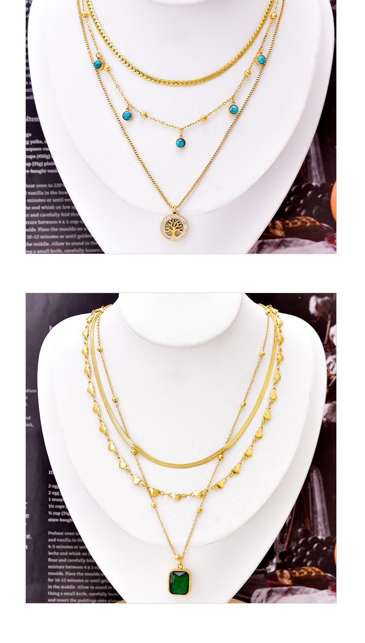 Triple Layered Necklace With Printed Small Lock Pendant, Smooth Heart Square Green Zircon Collarbone Chain_voghion.com
