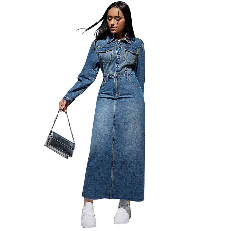 Abito lungo casual da donna in denim rilassato con bottoni sul davanti e spacchi laterali (S-2XL)_voghion.com
