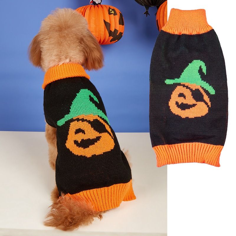 Pet Halloween Multi-Pumpkin Smiley Face Knitted Sweater For Small Puppies Teddy Bichon Pomeranian Cats And Dogs Apparel_voghion.com