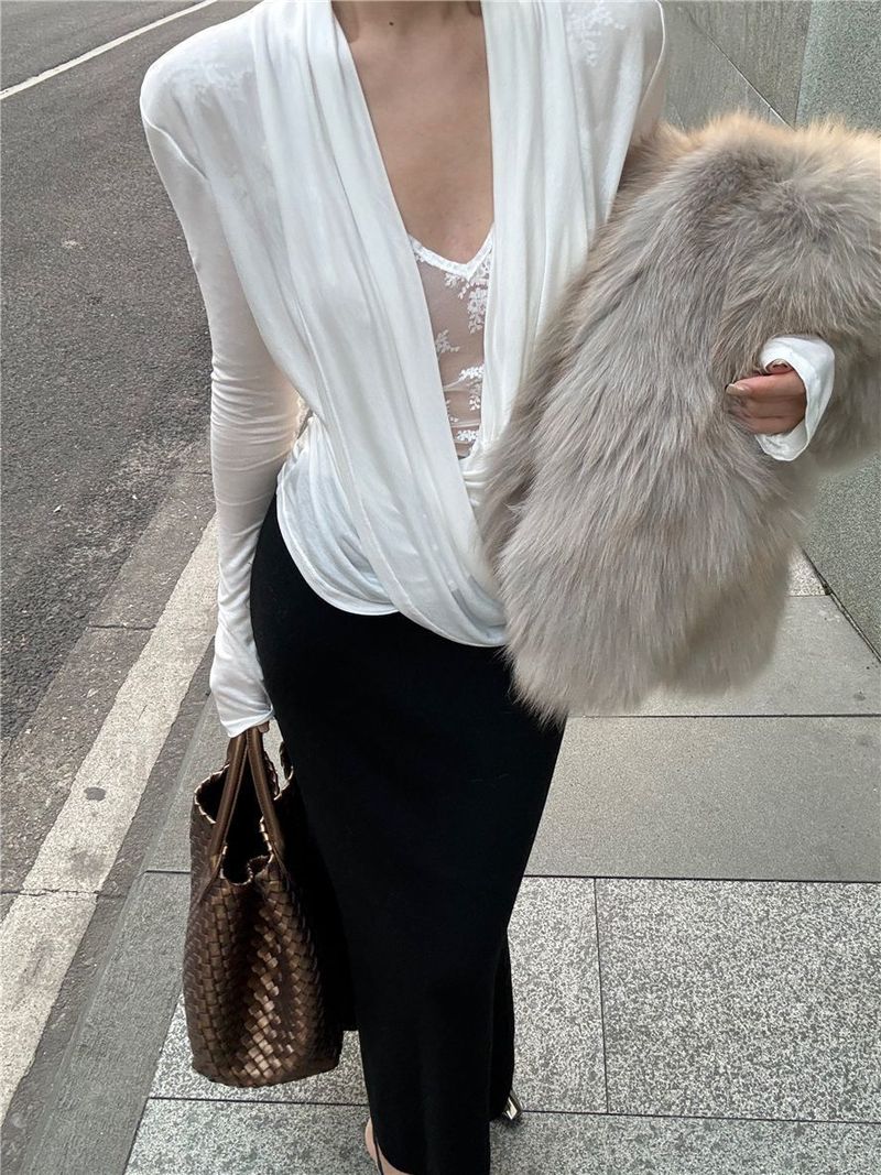 Sexy tričko ve francouzském stylu s výstřihem do V, mírně průhledné, pro ženy, jarní krajkový střih, s úzkým topem uvnitř_voghion.com