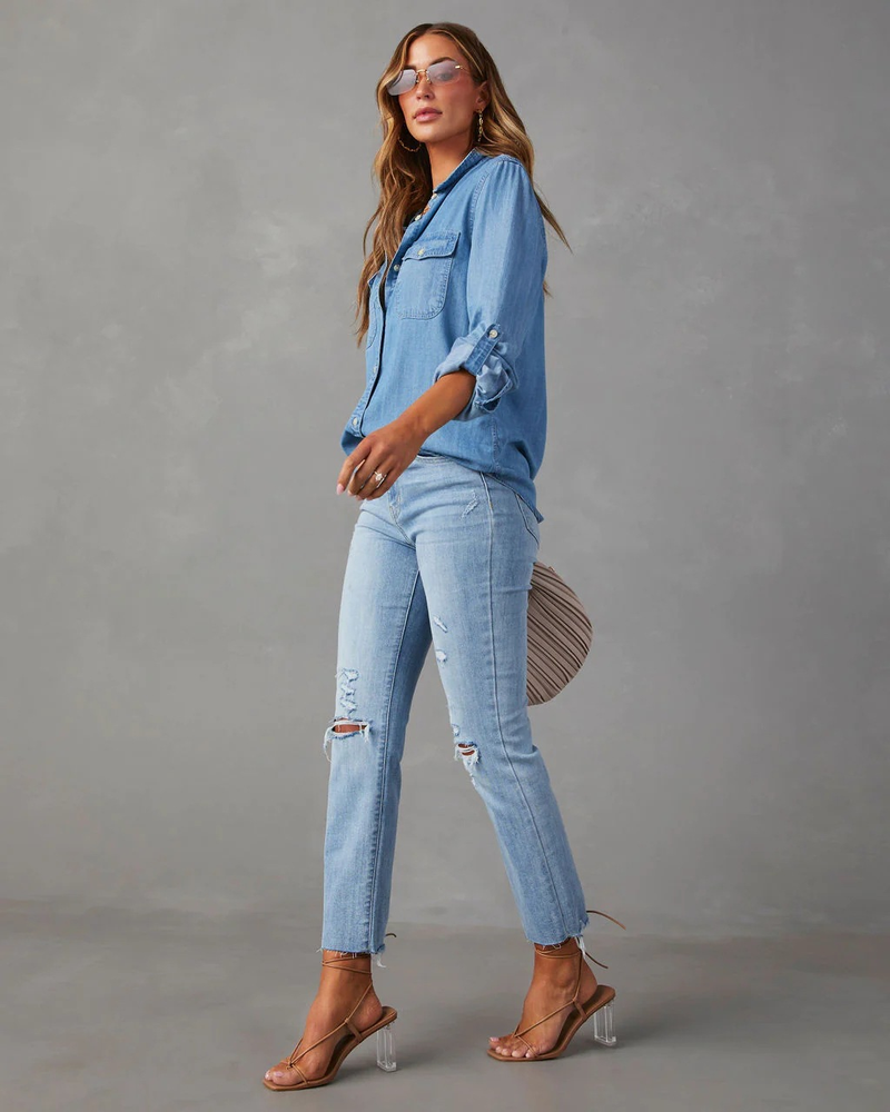 Denim de manga larga para mujer, informal, con solapa, un solo pecho, otoño_voghion.com