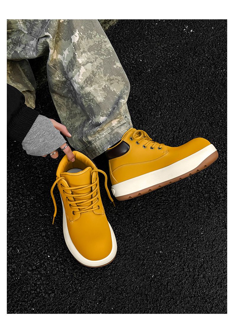 Men's Chunky Derby Boots Retro Motorcycle Style High Top Martin Boots In Yellow/Black/Brown - Fashionable & Comfortable_voghion.com