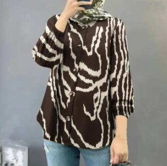 Women's plus size women's loose fashionable literary puff sleeve printed long-sleeved placket button-down shirt_voghion.com