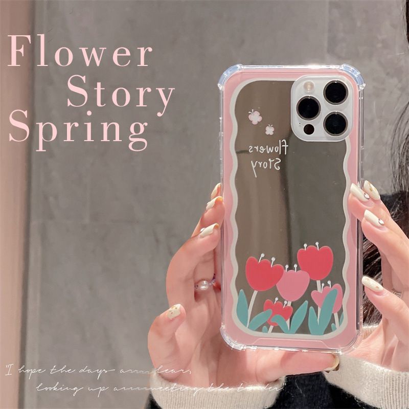 Tins Early Spring Tulip Makeup Mirror Mirror Phone Case Suitable for 15/14/13/12/11/X Series_voghion.com