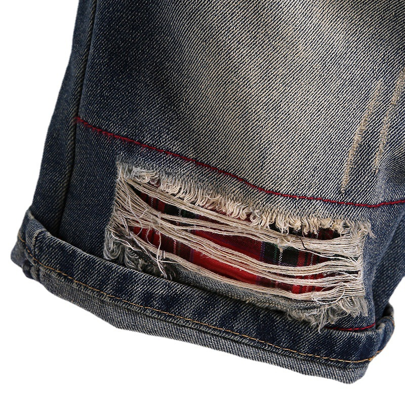 New Summer Distressed Patchwork Denim Shorts For Men, Straight-Leg Rolled Hem Five-Point Trendy Style_voghion.com