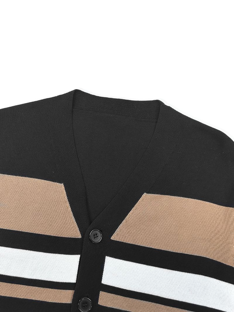 Cárdigan de punto entallado con cuello en V y bloques de color para hombre: jersey ligero de manga larga para otoño e invierno._voghion.com