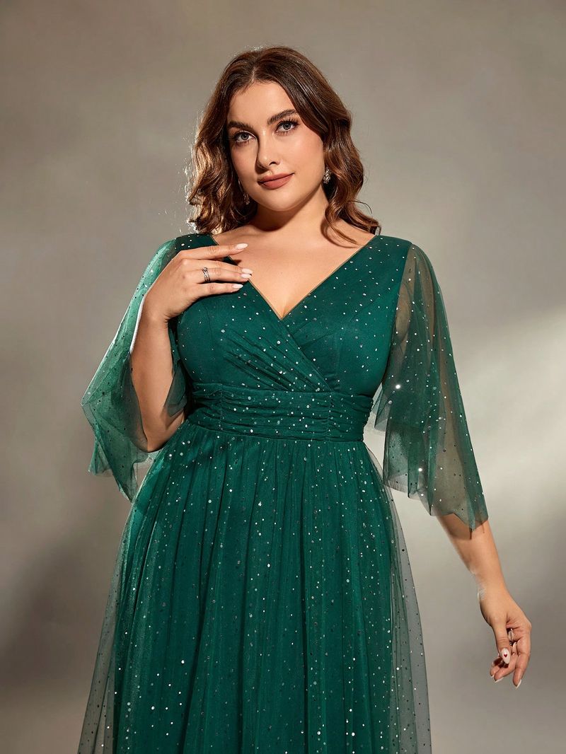 Mgiacy Plus Size V-neck Cro Chest Sklady Nepravidelný dlouhý rukáv File Síťovina Plná sukně Večerní šaty Plesová párty_voghion.com