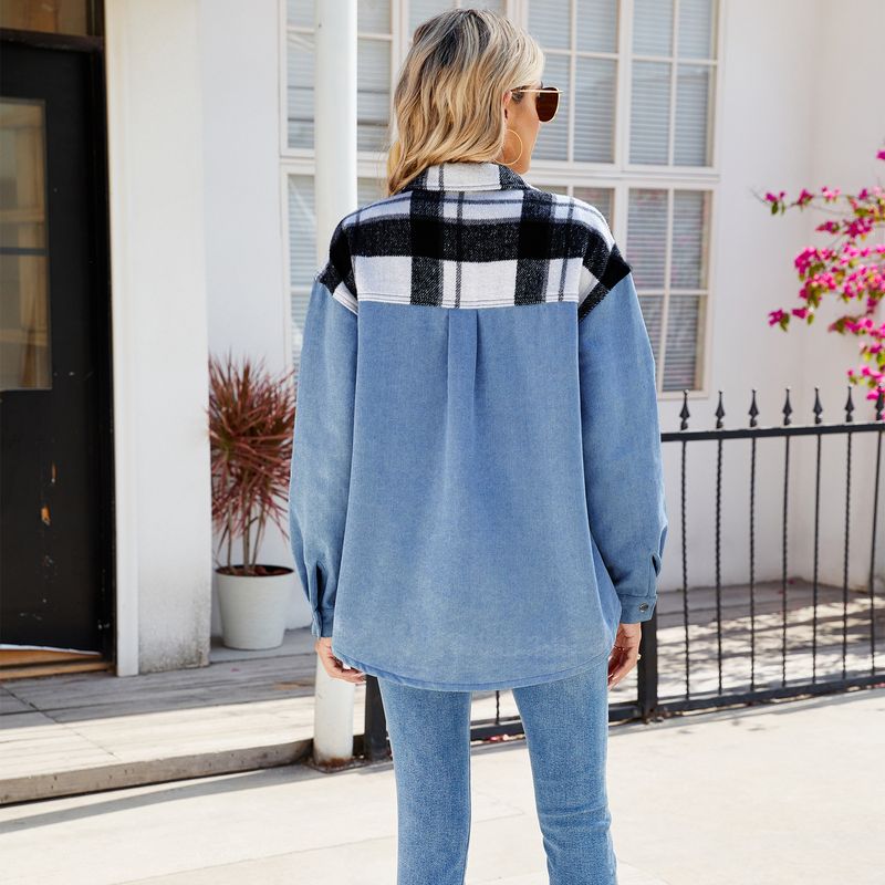 Übergroße Jeanshemdjacke für Damen – Schwarz-weiß kariertes, langärmliges Freizeitoberteil_voghion.com
