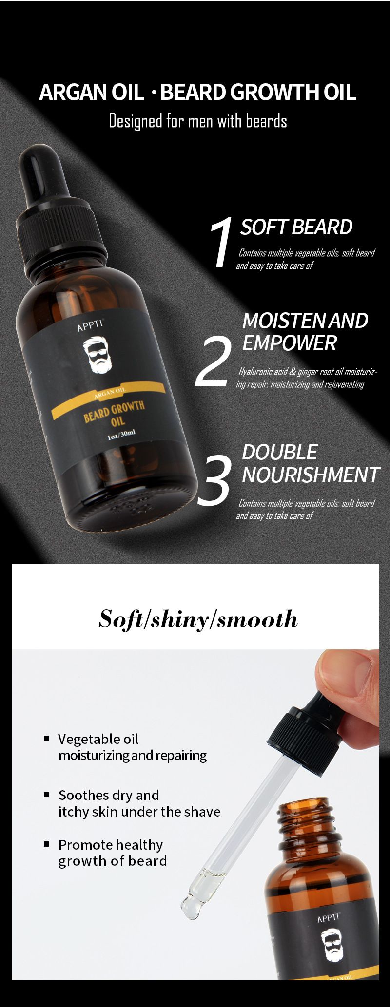 Men beard growth thick essential oil real man performance Beard Growth Oil Micro Needle Roller_voghion.com