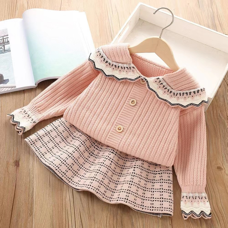 Ensemble tricoté pour filles, jupe, trésor, Style collège, pull, Cardigan, ensemble deux pièces_voghion.com