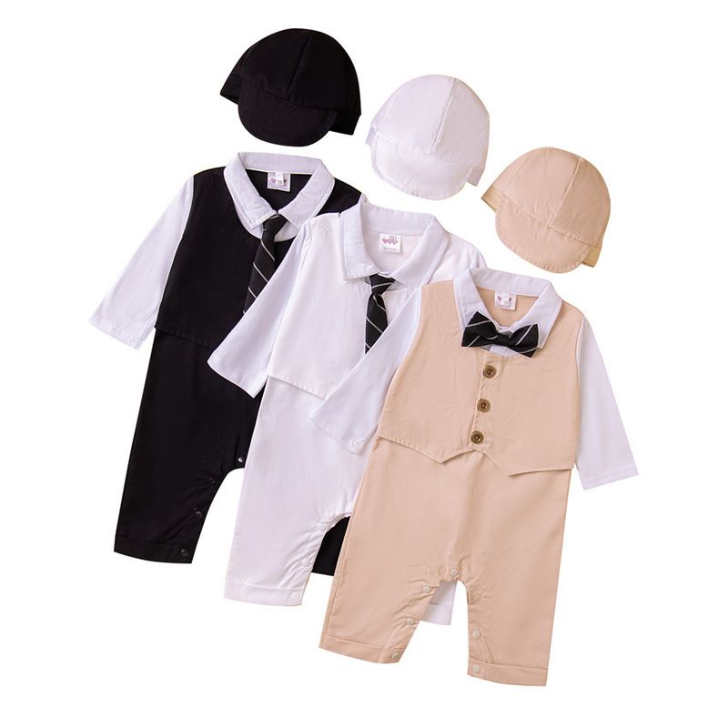SAMGAMI BABY Ensemble trois pièces pour garçon, version coréenne, barboteuse à manches courtes, gilet et chapeau, blanc, nœud papillon, bretelles_voghion.com