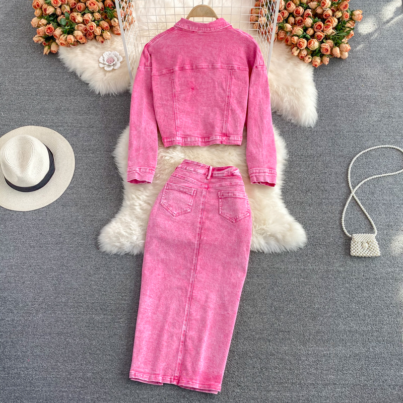 Ropa de mujer Conjunto de dos piezas formado por chaqueta y pantalón corto de mezclilla rosa y holgado para mujer_voghion.com
