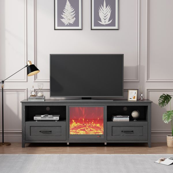 70.08 Inch Length Black TV Stand For Living Room And Bedroom, With 2 Drawers And 4 High-Capacity Storage Compartment,With Fireplace_voghion.com