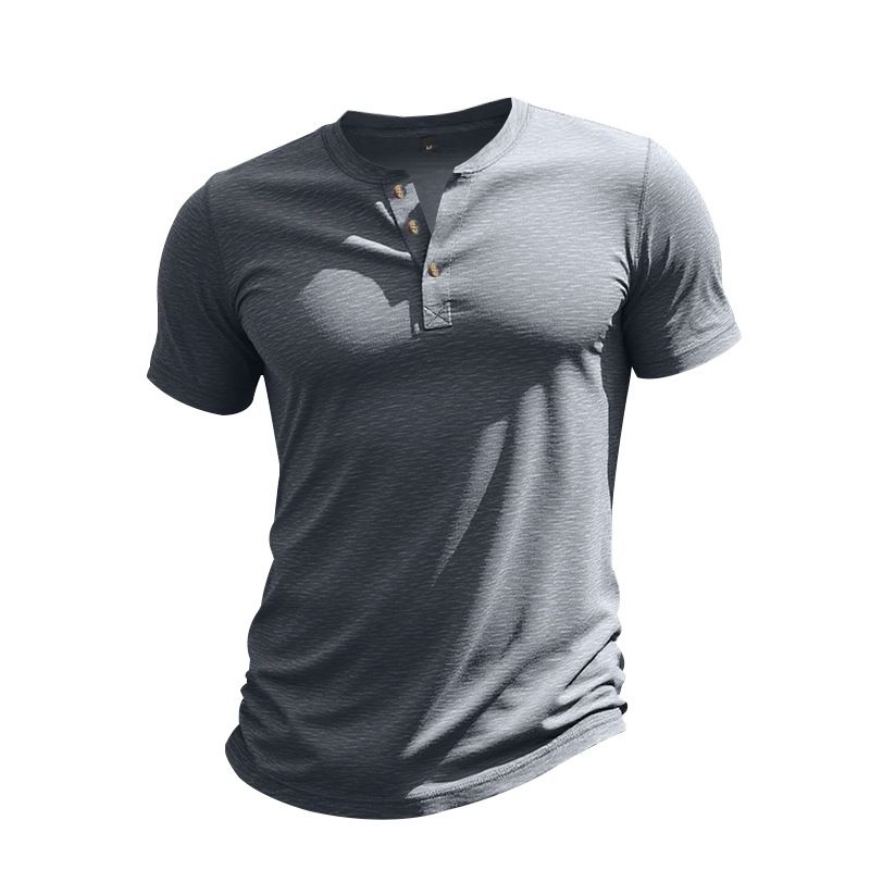 Summer New American Casual Men's Slim Muscle Bamboo Retro Henry Shirt Short Sleeved T Shirt_voghion.com