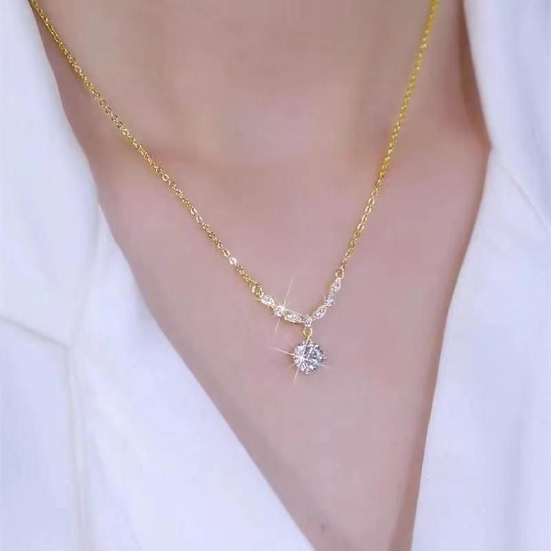 Women Shiny Zircon Pendant Necklace Unique Design Bling Collarbone Gold Chain Jewelry_voghion.com