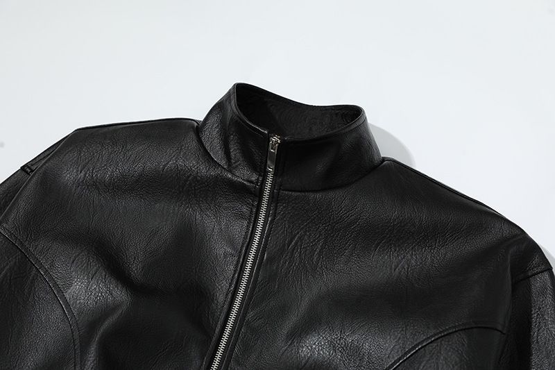 American High Street Ptern Splicing Stehkragen PU Breite Schulter Gepolsterte Jacke Für Männer Und Frauen Neue Leher Kurze_voghion.com