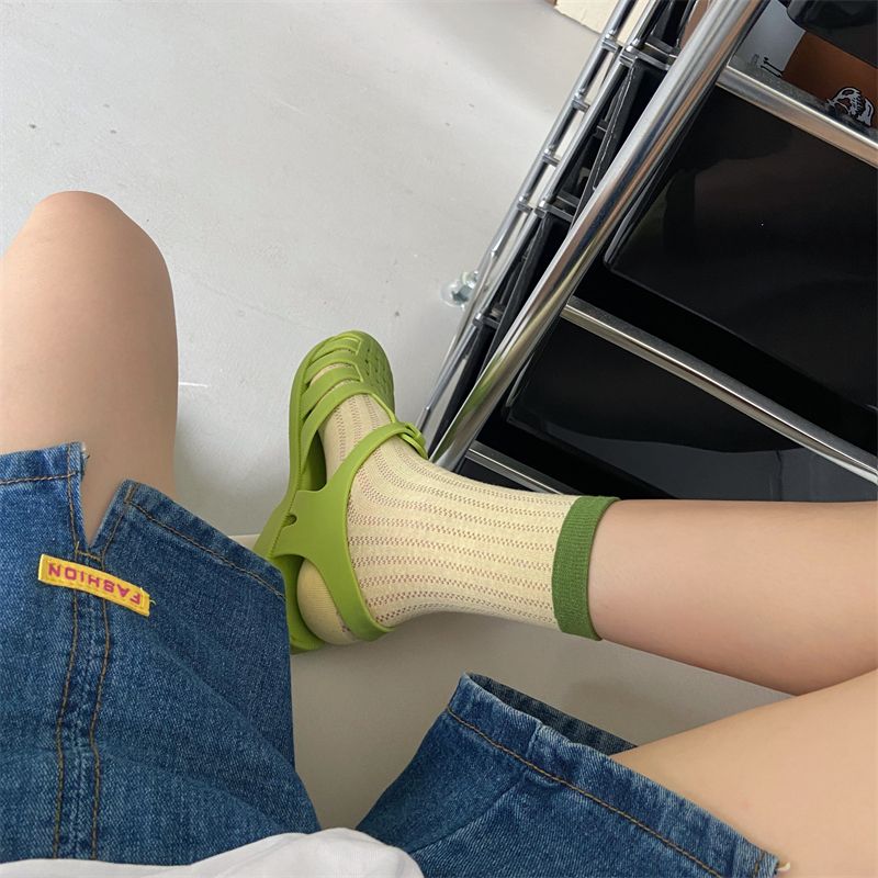 Korean summer thin ins girls macaron color mesh breathable mid-calf cotton socks_voghion.com
