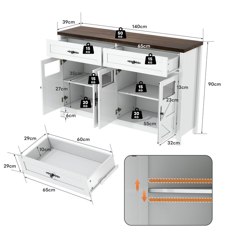 Credenza Weiß 140cm con 4 cassetti, 2 Schubladen, Zeitgenössisches Design_voghion.com