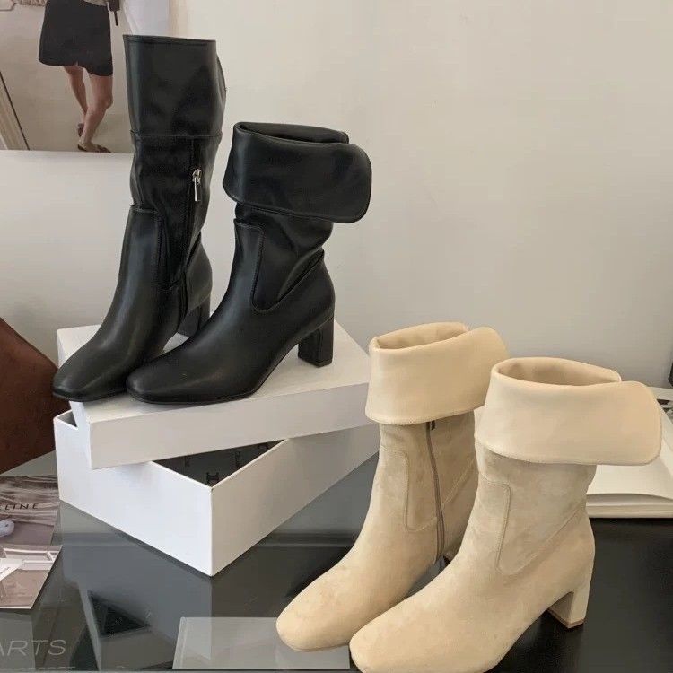 Fashionable Pointed Toe Flat Slip-On Suede Back Split Two-Way Wear Khaki Long Women's Riding Boots_voghion.com