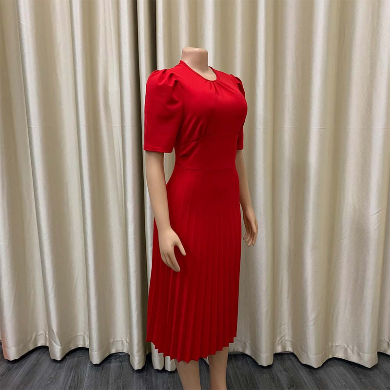 D2022024Robe grande taille plissée à manches courtes, style été, couleur unie_voghion.com