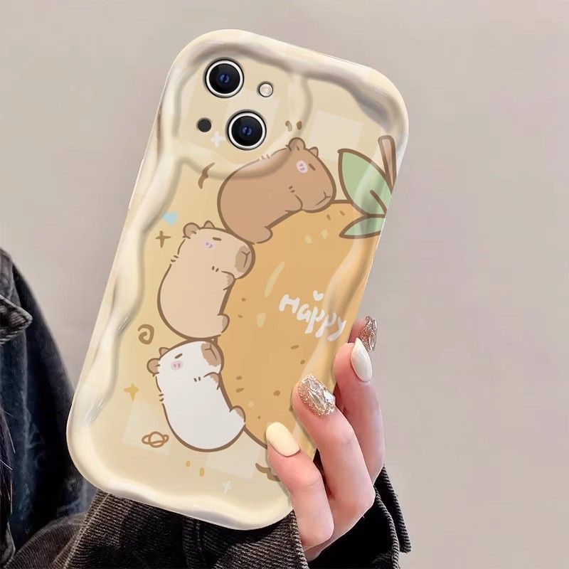For 3D Wave Case For I16 15 14 13 12 11 PRO MAX XR XS X 8 7 6 6S PLUS Quakeproof Cute Anime Orange Capybara Case_voghion.com
