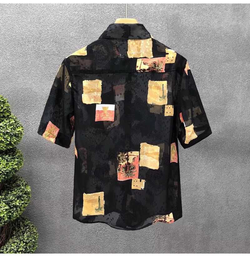 Camicia a maniche corte, sottile ed estiva, con maniche a cinque punte, floreale, da uomo, di alta qualità, in jacquard, traspirante, in seta ghiacciata, elegante._voghion.com