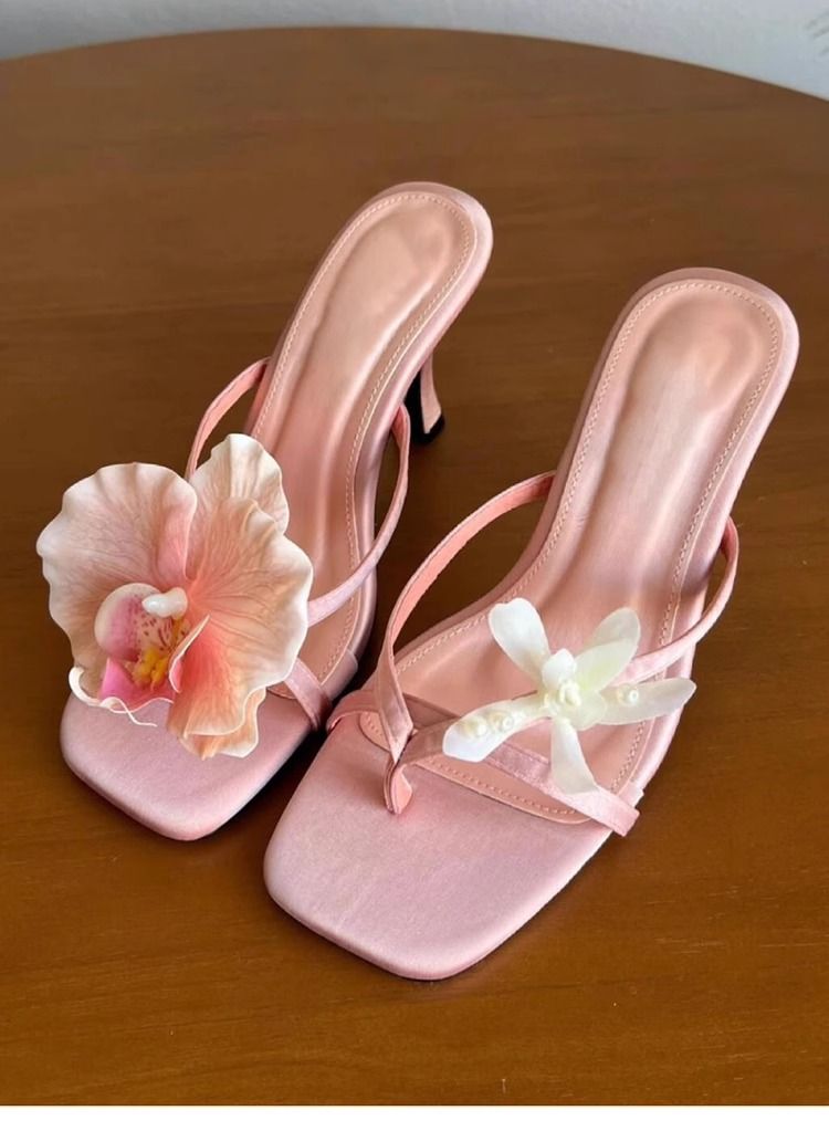 Women's Handmade Floral Sandals - Asymmetric Toe-Post Heels With Satin Straps, Elegant Thong Slides For Women_voghion.com