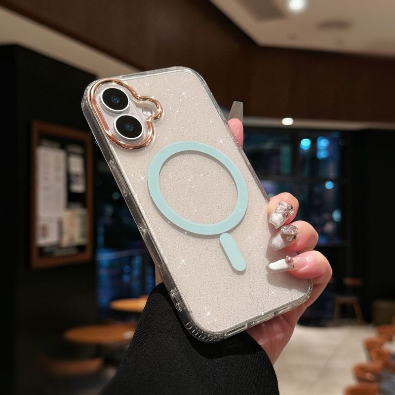 Glitter Magnetic Phone Case For IPhone 15/16 - Premium Electroplated Transparent Cover With Large Camera Cutouts (Gold Sparkle)_voghion.com