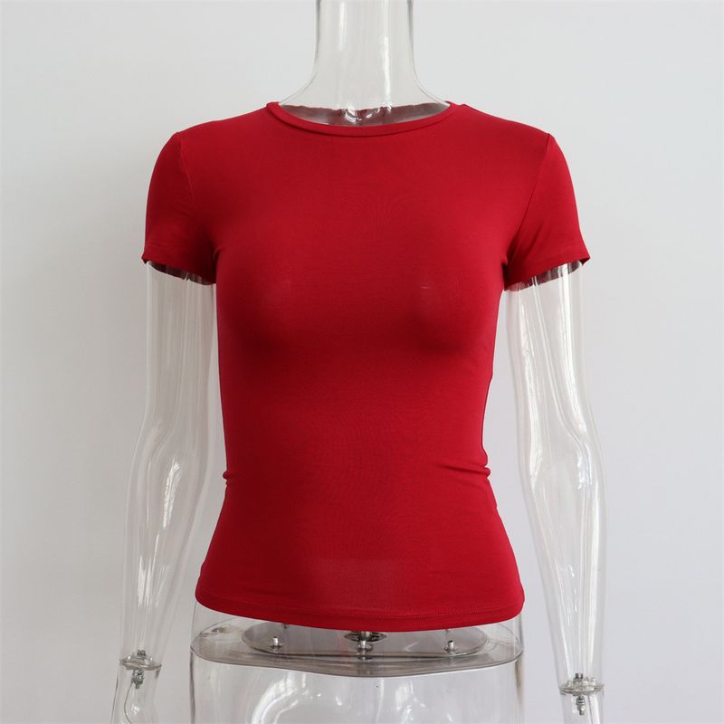 T-shirt da donna a maniche corte con scollo rotondo, modello primavera/estate 2025, aderente e sexy, semplice e versatile, tinta unita._voghion.com