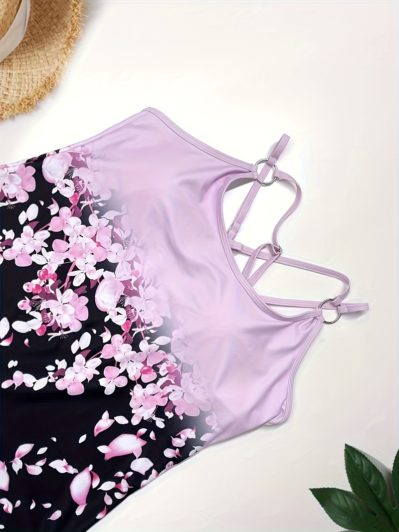 Plus Size Casual Tankini Set, Women's Plus Floral Print Ring Decor Tank Top & Shorts Tankini Two Piece Set_voghion.com