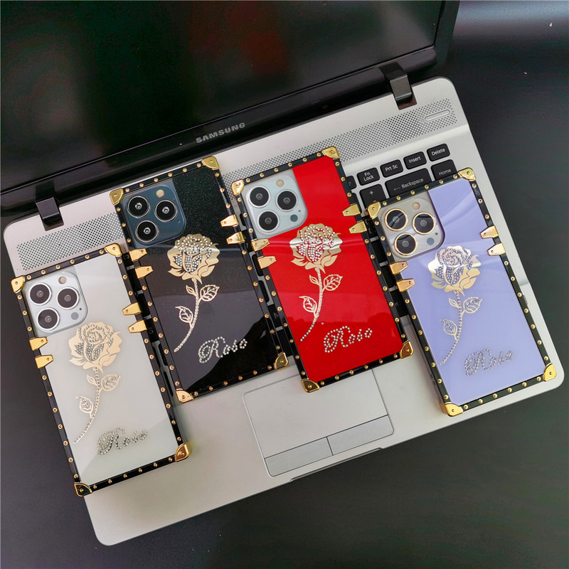 Luxe Glitter Gold Rose Flower Cover Square Diamond Case voor Samsung Galaxy A54 A52 A12 A13 A34 A14 A72 a20S A53 A33 A23 A71_voghion.com