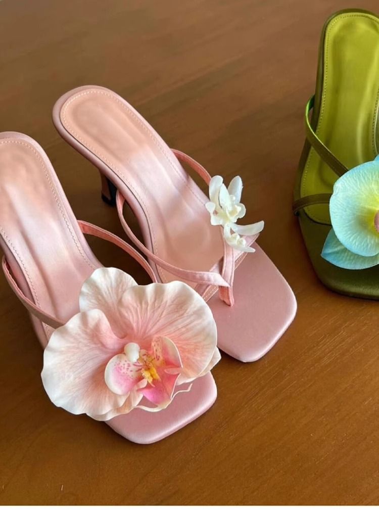 Women's Handmade Floral Sandals - Asymmetric Toe-Post Heels With Satin Straps, Elegant Thong Slides For Women_voghion.com