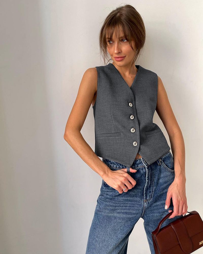 Women's Sleeveless Blazers Pocket Streetwear Solid Color_voghion.com