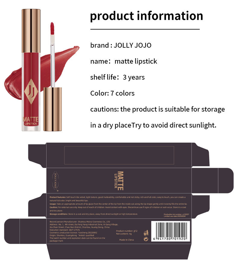 JOJO Matte Lip Glaze Gloss à lèvres hydratant couleur antiadhésive tasse velours mat rouge à lèvres maquillage en gros_voghion.com