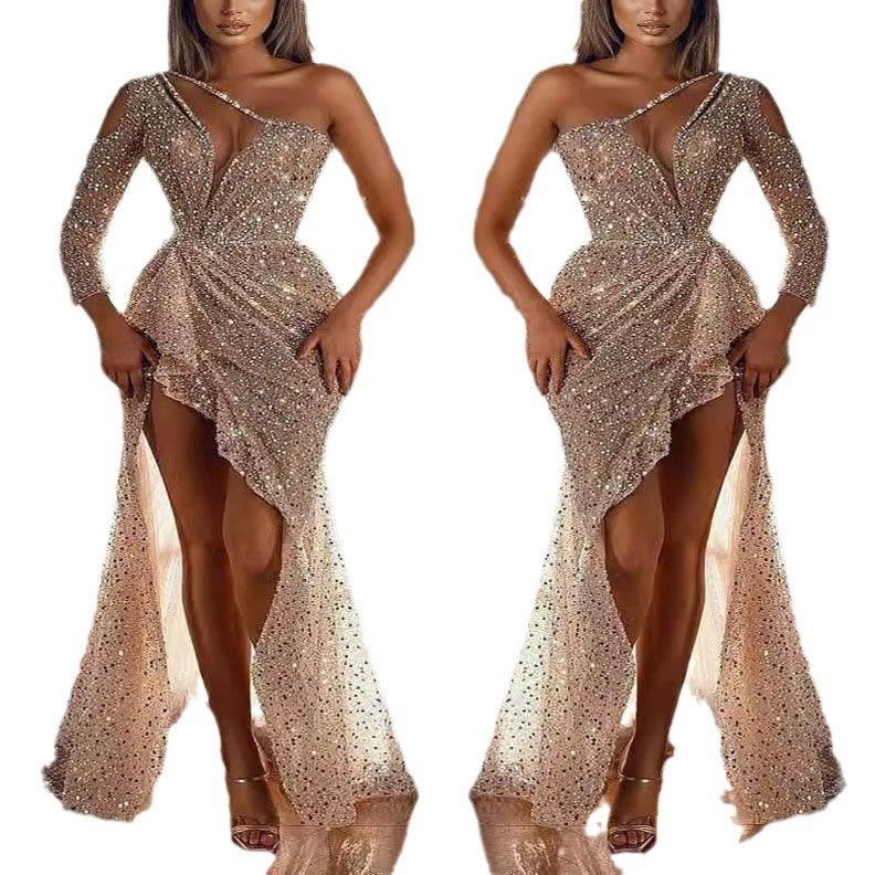 cross border women's dreamy socialite party party quality sexy high slit long sleeved sequined banquet evening dress_voghion.com