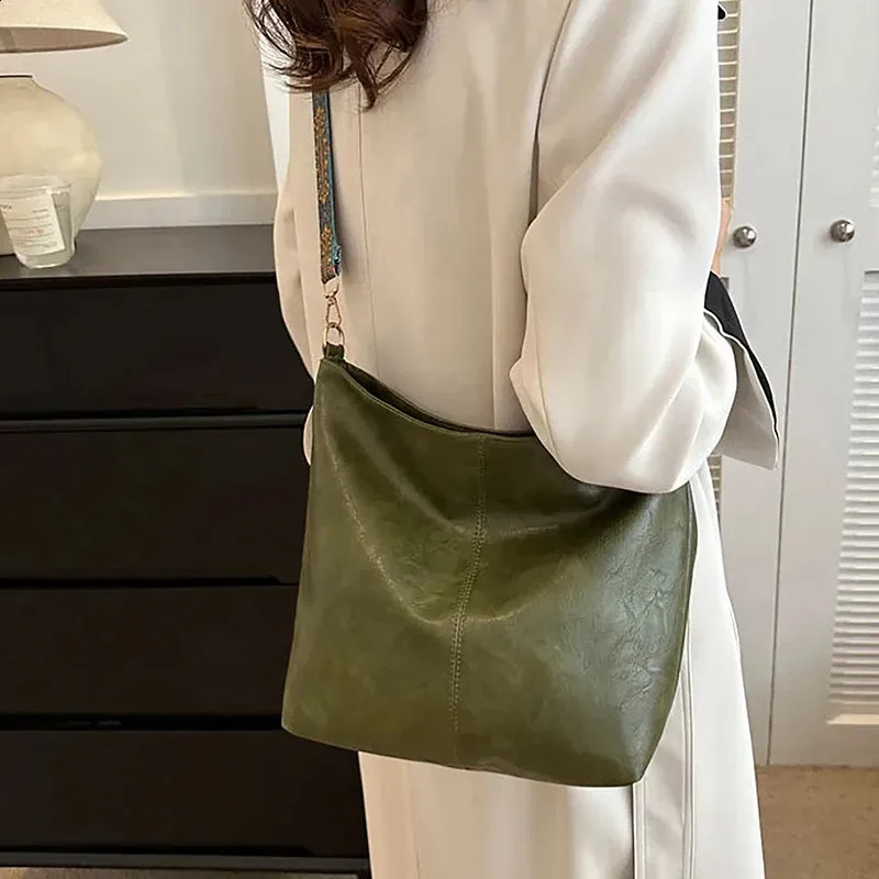 Borsa a tracolla da donna alla moda, in pelle PU, retrò, tinta unita, ad alta capacità, semplice, con tracolla larga e secchiello_voghion.com