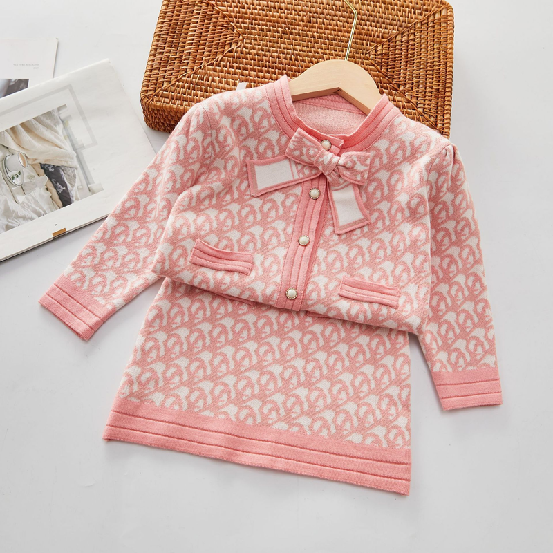 Girls' Sweater 2022 Autumn/Winter Small Fragrant Wind Children's Knitted Cardigan+Half Skirt Two Piece Set_voghion.com