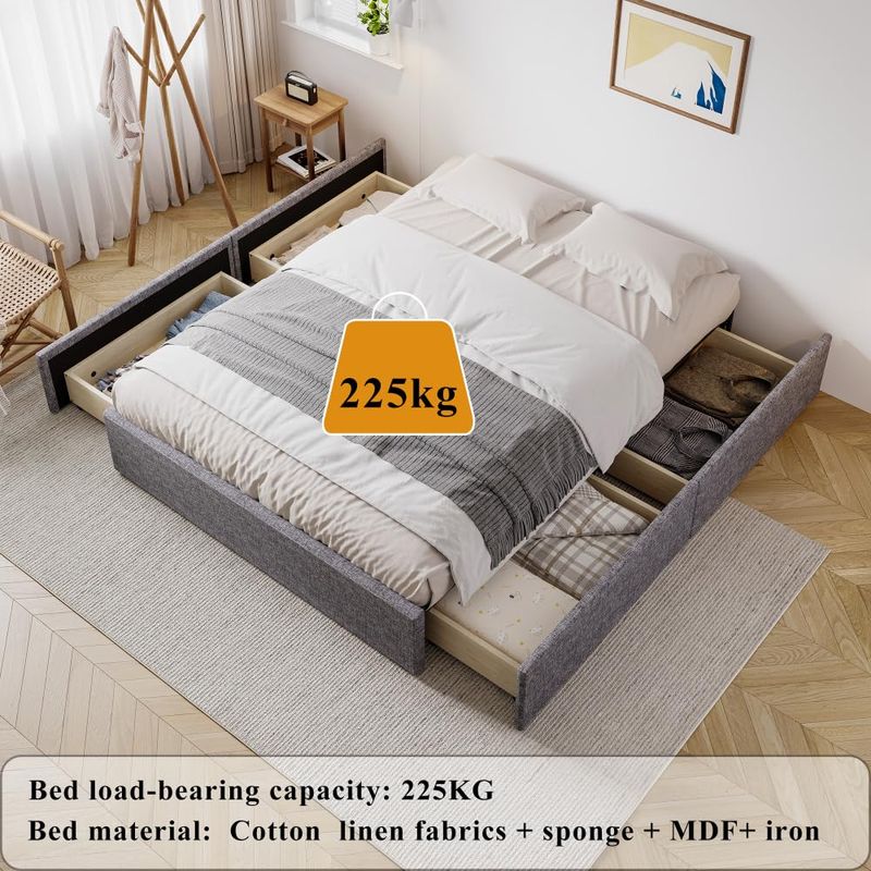 CREASION 4ft6 Storage Upholstered Bed - 4-Drawer, Iron Legs, Durable & Sturdy, Linen & Iron, Grey 135x190cm_voghion.com