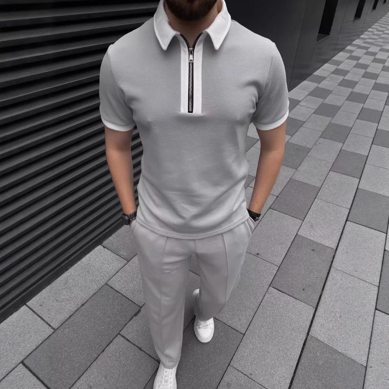 Men's Clothing Summer Polo Shirt Zipper Casual Short Sleeve Shorts Suit_voghion.com