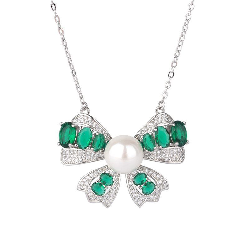 Jewelry Two-piece Fritillary Pearl Gemstone Bow Necklace Ring Emerald Gemstone Pendant_voghion.com