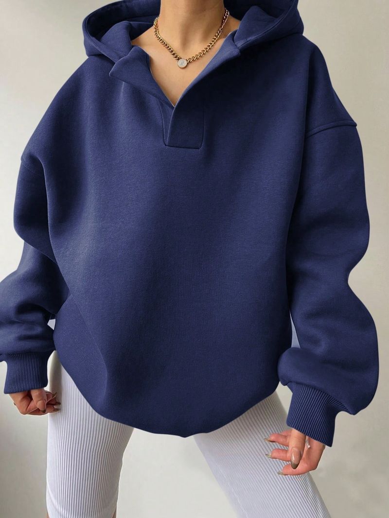 Women's Clothing Sweatshirt Solid Color Long Sleeve Hooded Solid Color Loose Sweater Women's Top_voghion.com