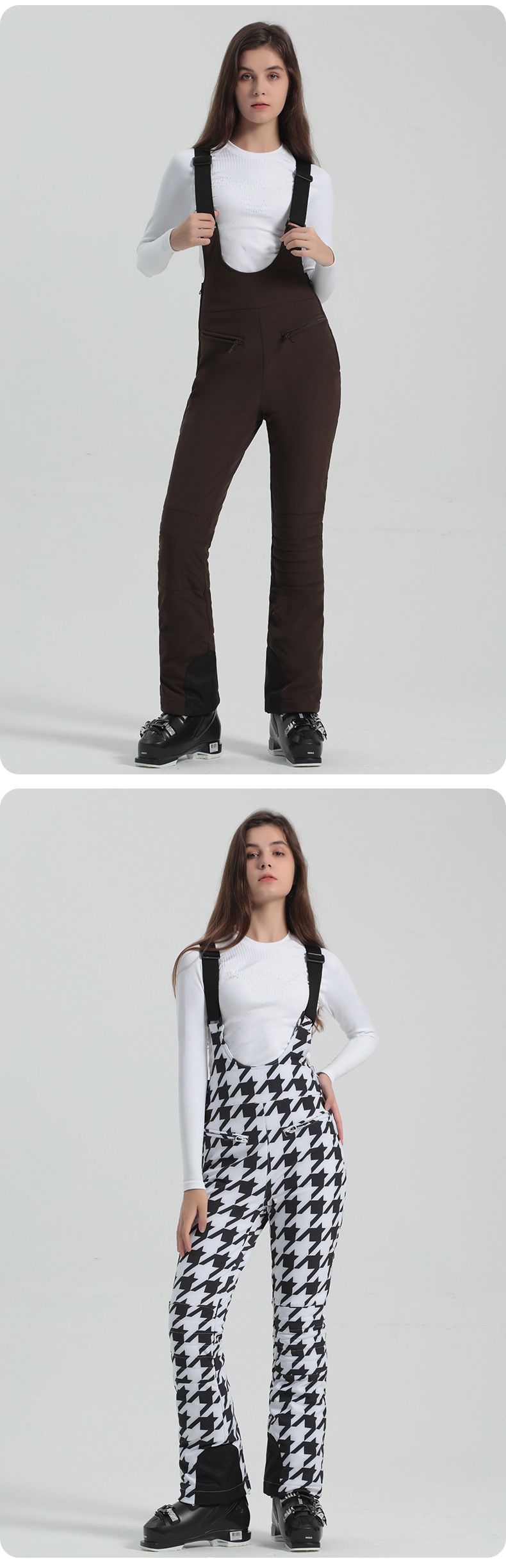 New Women's Ski With Straps, Double Board Elastic Slim Fit, Windproof, Waterproof, Outdoor Black Warm Snow Pants_voghion.com