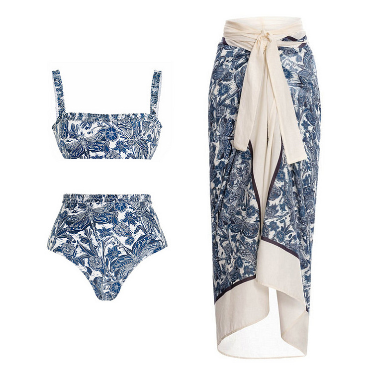 Women's bikini ruffled blue dragonfly print split swimsuit suit for women _voghion.com